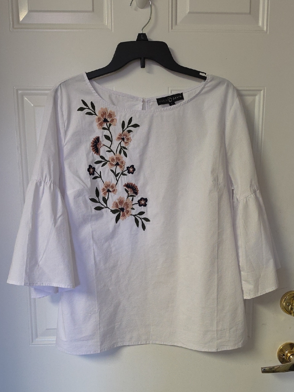Fred David White Blouse with Peach Floral Embroidery
